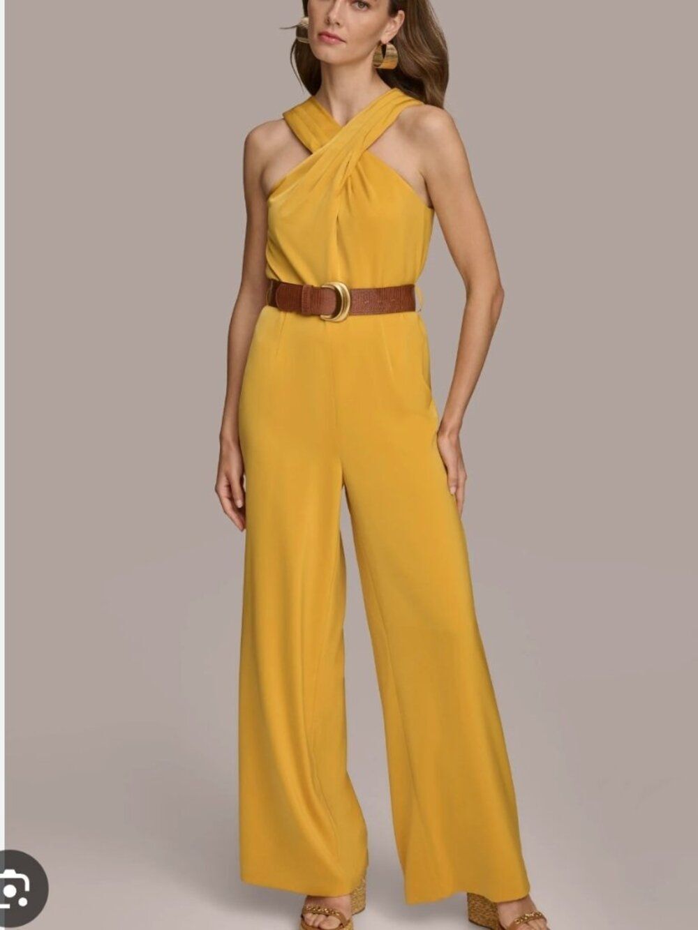 Donna Karan Criss Cross Halter Wide Leg Belted Jumpsuit Gold Yellow Size 10 $169